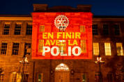 Historic Bonsecours Market in Old Montral is illuminated on 21 June with <em>En finir avec la polio</em> (End Polio Now), Rotary's promise to save the world's children from the crippling disease.